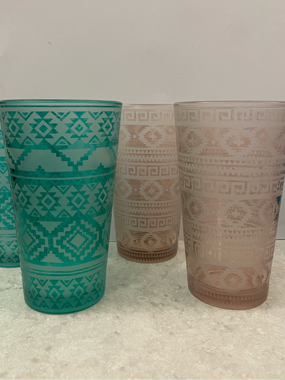 Decorative Etched Aztec Pattern 16 oz Glass Tumblers (4) - Teal & Rose (Set).